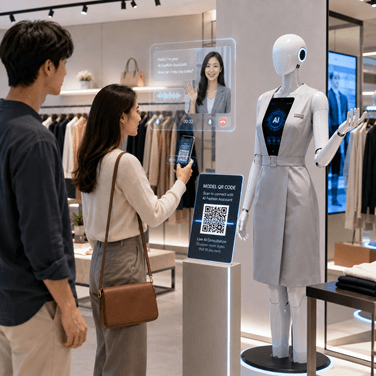 Ai Interactive Mannequin For Exhibitions And Trade Shows AI interactive mannequin with Model QR Code for exhibitions, multilingual customer service and live AI assistant conversations