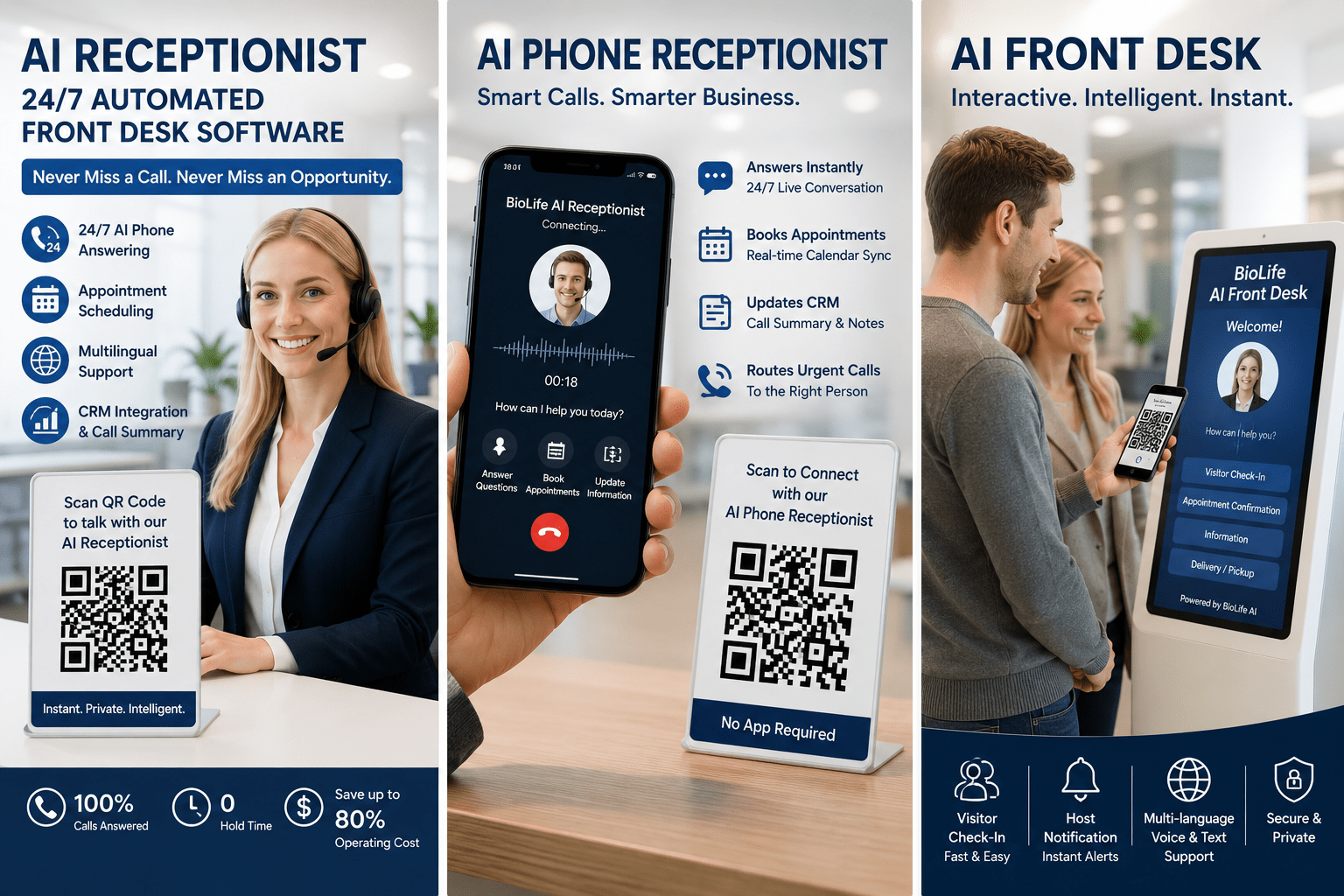 AI receptionist providing 24/7 automated front desk service, customer support and appointment scheduling