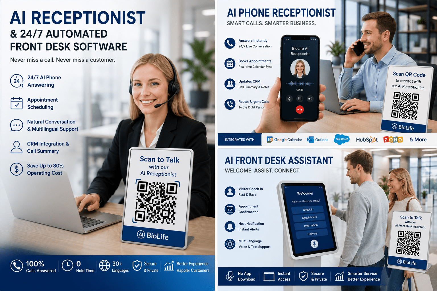 AI front desk kiosk assisting visitors with check-in, appointment confirmation and multilingual customer service