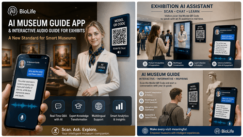 AI exhibition assistant and museum guide with Model QR Code, multilingual voice chat and visitor engagement